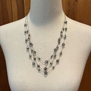 Triple Strand Silver faceted mirror beaded Necklace 22”
